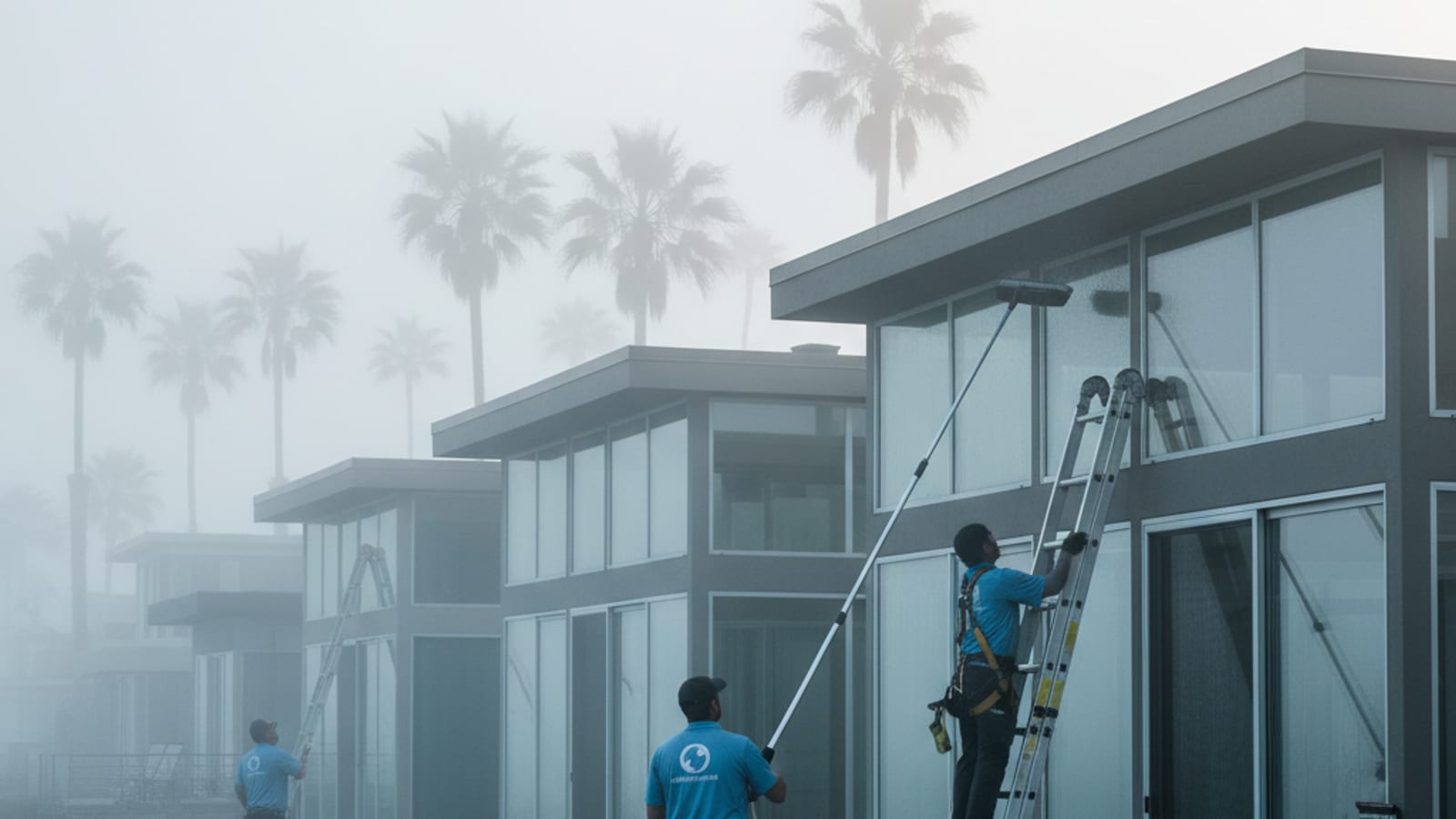 Morning marine layer rolling in over a row of coastal San Diego homes with large glass windows facing the ocean