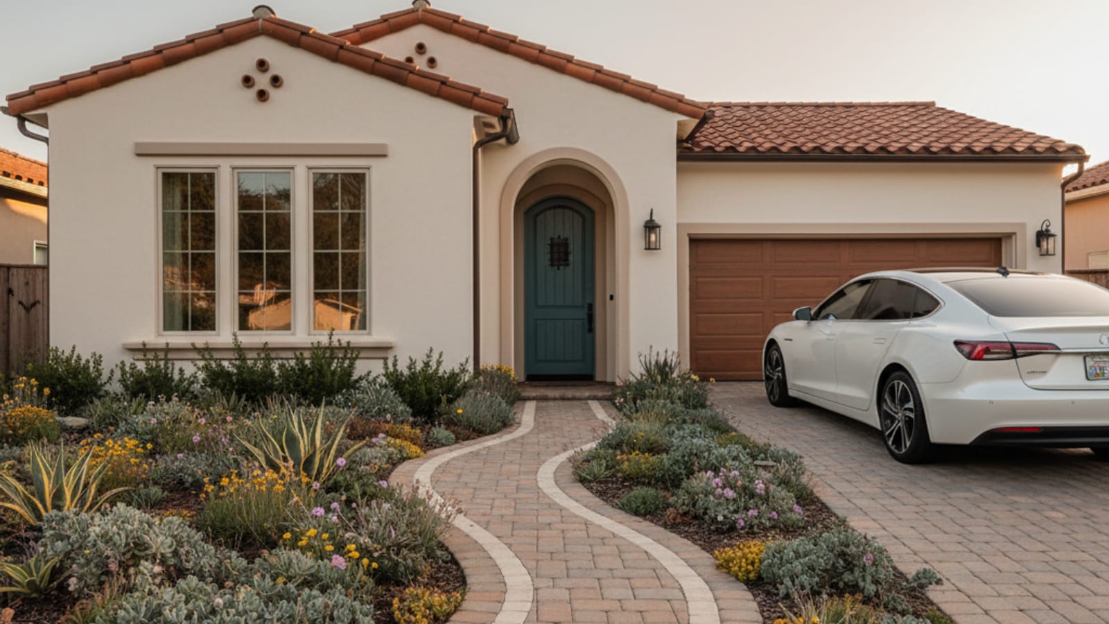 Curb-appeal exterior view of a freshly-cleaned San Diego home with sparkling windows and tidy landscaping at golden hour