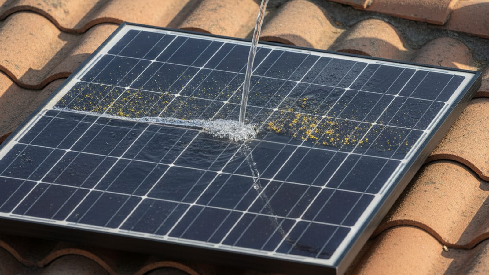 Close-up of a rooftop solar panel with a gentle water spray rinsing dust and pollen from the glass