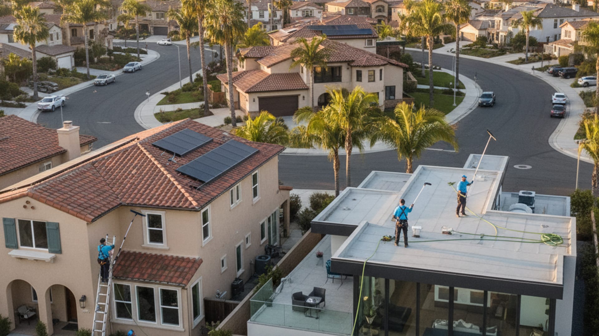Aerial view of a San Diego County residential neighborhood with stucco homes and large glass windows at golden hour