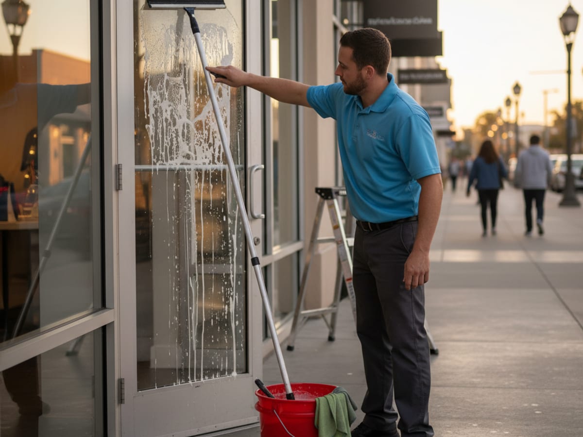 Clean glass storefront and office windows on a San Diego commercial building under bright daylight