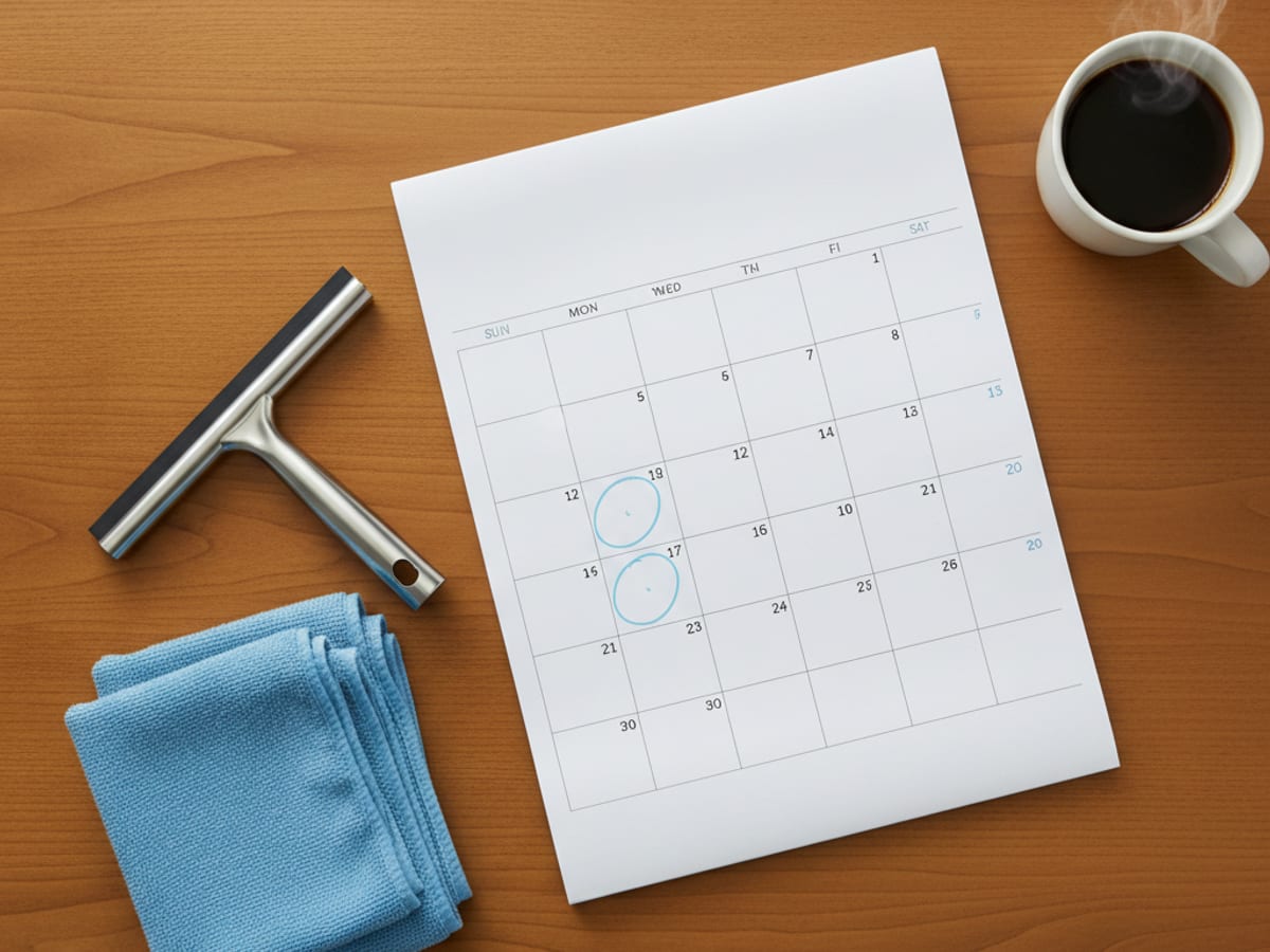 Calendar and clipboard with recurring window cleaning schedule on a desk