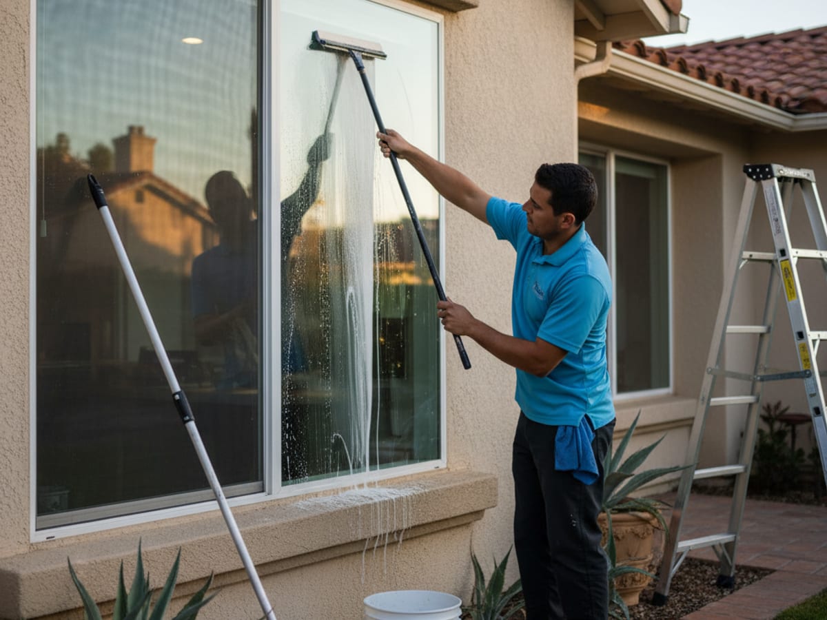 Clean residential windows on a San Diego coastal home with the ocean visible in the background