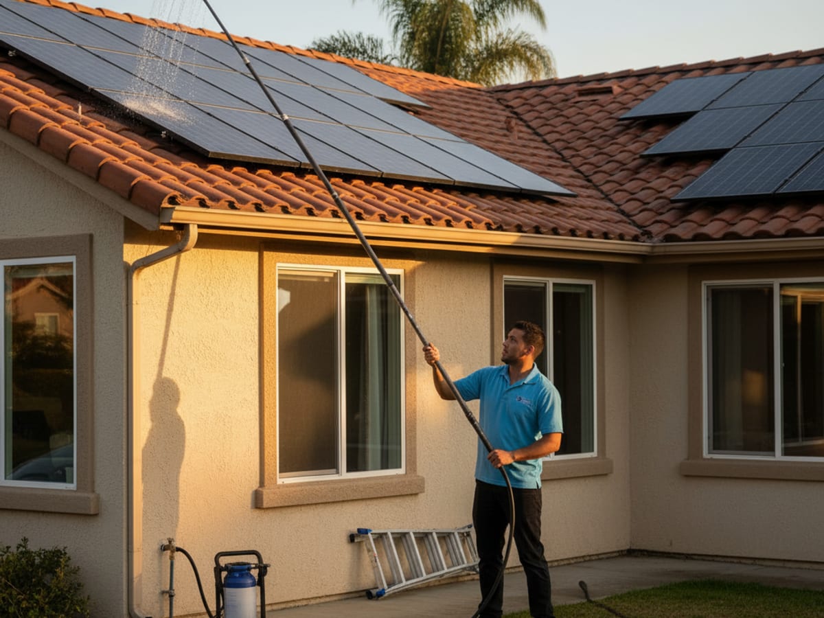 Technician on a residential roof cleaning solar panels with a deionized water pole