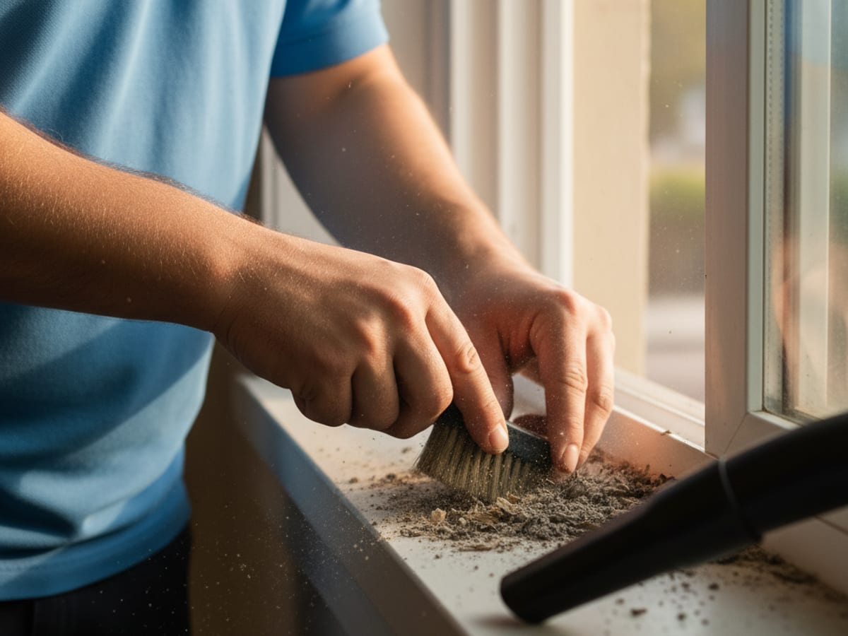 Close-up of a sliding window track in a San Diego home being cleaned of grit and mineral buildup